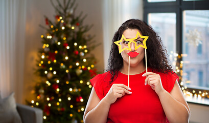 Image showing funny woman with star shaped glasses and red lips