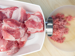 Image showing Meat grinder grinds pork meat