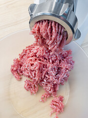 Image showing Meat grinder grinds pork meat