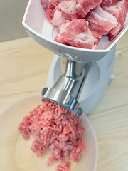 Image showing Meat grinder grinds pork meat