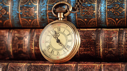 Image showing Vintage pocket watch. Vintage background Concept of time history