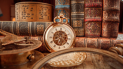 Image showing Vintage pocket watch. Vintage background Concept of time history