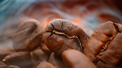 Image showing Close up of seeds of coffee. Fragrant coffee beans are roasted s