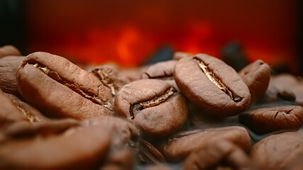 Image showing Close up of seeds of coffee. Fragrant coffee beans are roasted s