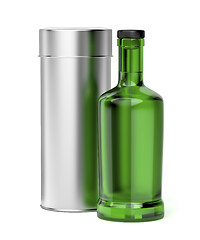 Image showing Green glass bottle and metal box