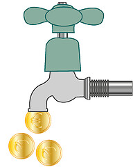 Image showing Faucet with falling coin on white background is insulated