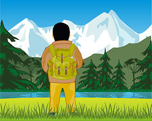 Image showing Man travellier beautiful landscape admires with rucksack