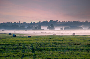 Image showing Sunrise over a field with trees and fog floating above the ground