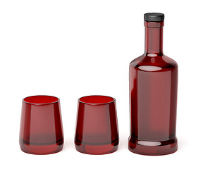 Image showing Red glass bottle and two glasses