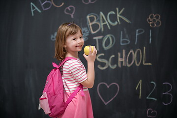 Image showing happy child with apple and back to school drawing in background