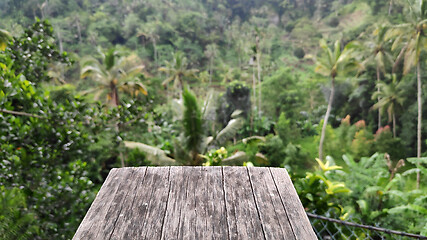 Image showing Wooden front with Balinese blurred jungle 