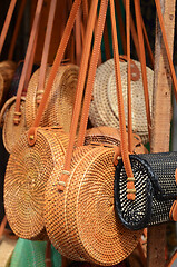 Image showing Balinese handmade rattan eco bags in a local souvenir market in 