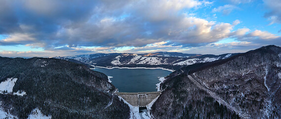 Image showing Aerial view of energy dam in winter