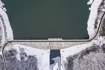 Image showing Water barriere dam, above view of dam and road