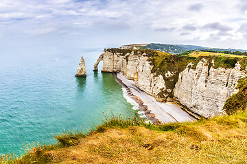 Image showing Panorama of natural chalk cliffs of Etretat