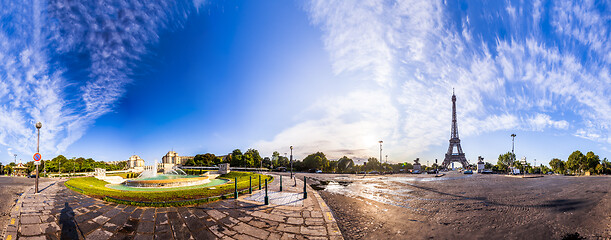 Image showing The Eiffel Tower seen from Pont d\'Iena in Paris, France. 360 degree panoramic view