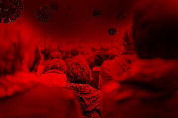 Image showing Covid-19 viruses above Large crowd of people