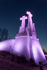 Image showing Purple Illuminated Monument of Three Crosses in Vilnius