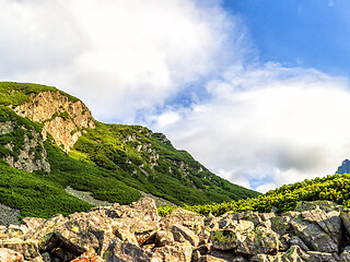 Image showing Polish Tatra mountains summer landscape with blue sky and white clouds.