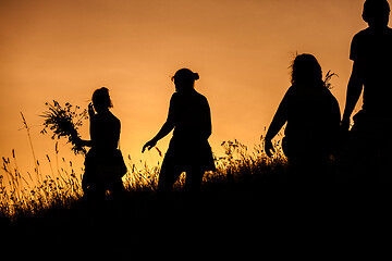 Image showing Silhouettes of People picking flowers during midsummer soltice 