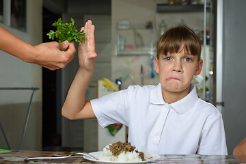 Image showing The girl refuses fresh greens for lunch