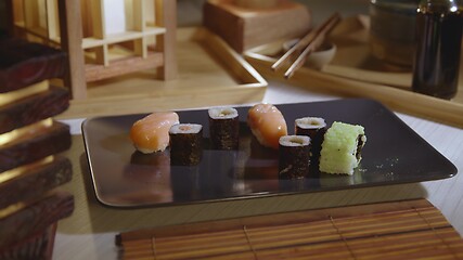 Image showing Filling plate with japanese sushi closeup