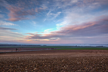 Image showing Autumn morning landscape over the city of Louny. 