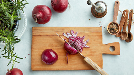 Image showing chopped red onions on wooden cutting board