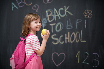 Image showing happy child with apple and back to school drawing in background