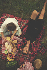 Image showing top view of couple enjoying picnic time