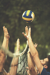 Image showing group of young friends playing Beach volleyball