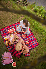 Image showing top view of couple enjoying picnic time