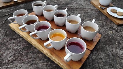 Image showing Coffee and tea testing on the wood table Bali