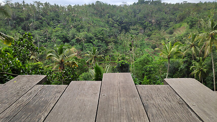 Image showing Wooden front with Balinese blurred jungle