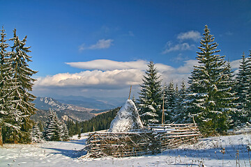 Image showing Winter landscape in opening forest, hay stack in center