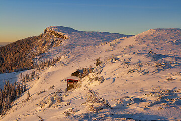 Image showing Winter sunrise landscape, colored snow