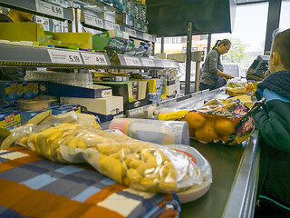 Image showing Cash desk and products on conveyor belt