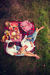 Image showing top view of couple enjoying picnic time