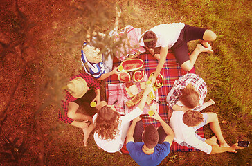 Image showing top view of group friends enjoying picnic time