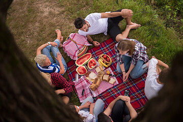 Image showing top view of group friends enjoying picnic time