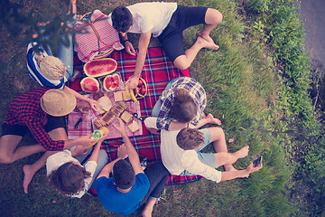 Image showing top view of group friends enjoying picnic time