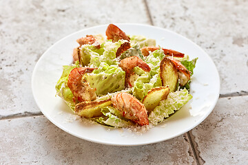 Image showing portion of cesar salad with grilled prawns