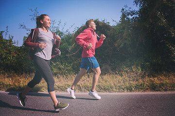 Image showing young couple jogging along a country road