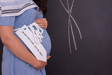 Image showing Portrait of pregnant woman in front of black chalkboard