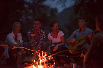 Image showing young friends relaxing around campfire