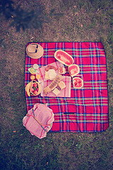 Image showing top view of picnic blanket setting on the grass