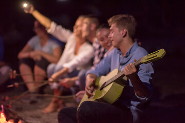 Image showing young friends relaxing around campfire