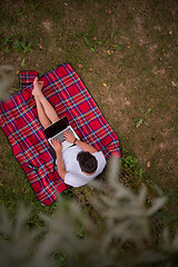 Image showing top view of man using a laptop computer under the tree