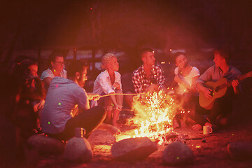 Image showing young friends relaxing around campfire