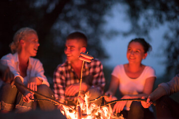 Image showing young friends relaxing around campfire